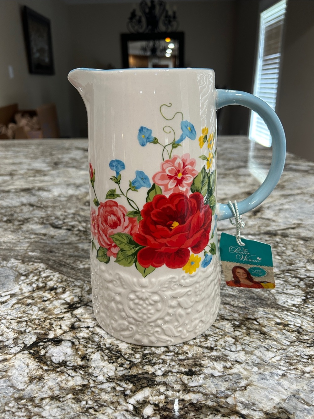 The Pioneer Woman White Pitcher with Red, Pink, Blue & Yellow Floral Design
